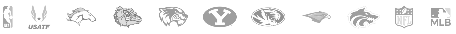 Logos of leagues and programs including the NBA, USATF, NFL, MLB, and collegiate athletic programs